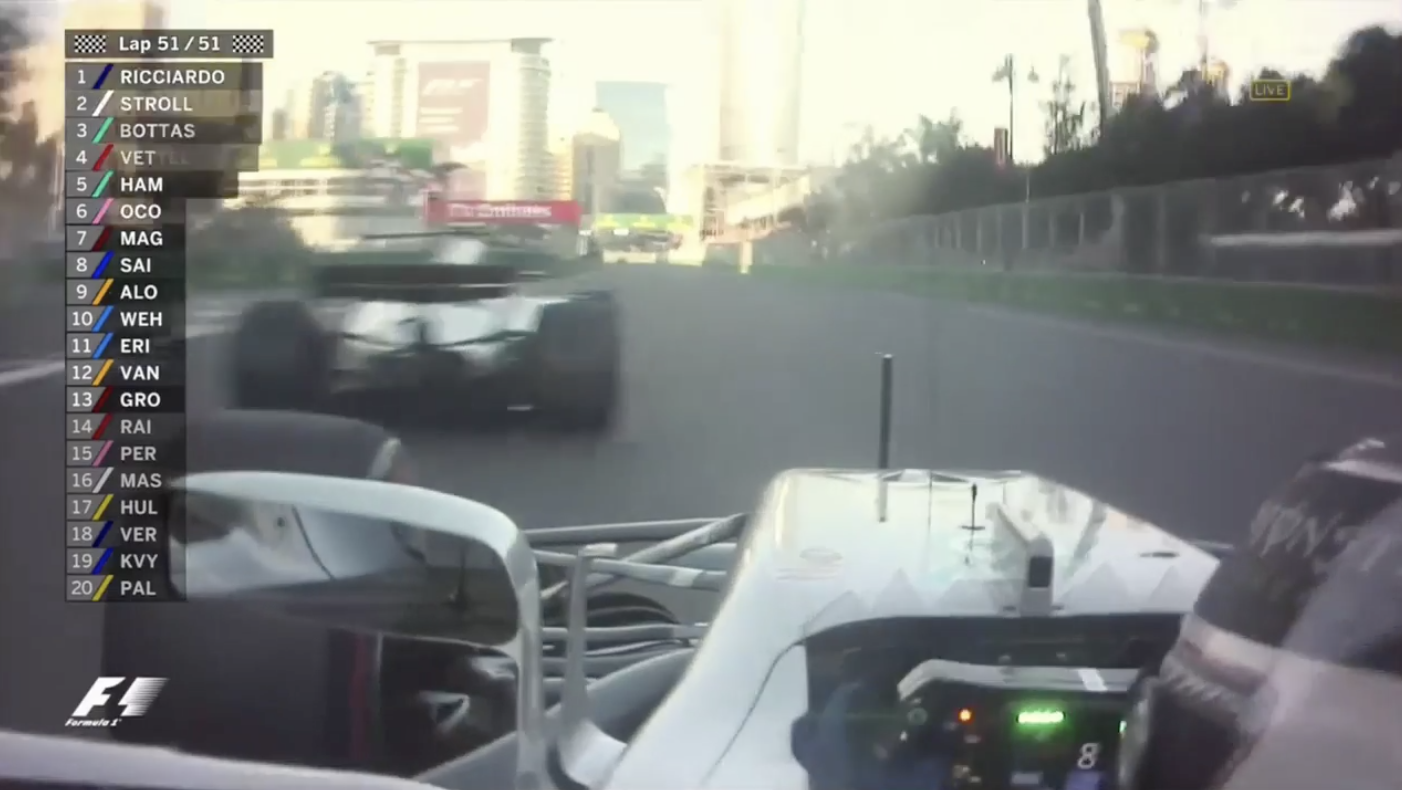 Vídeo: Bottas ultrapassa Stroll em cima da linha de meta